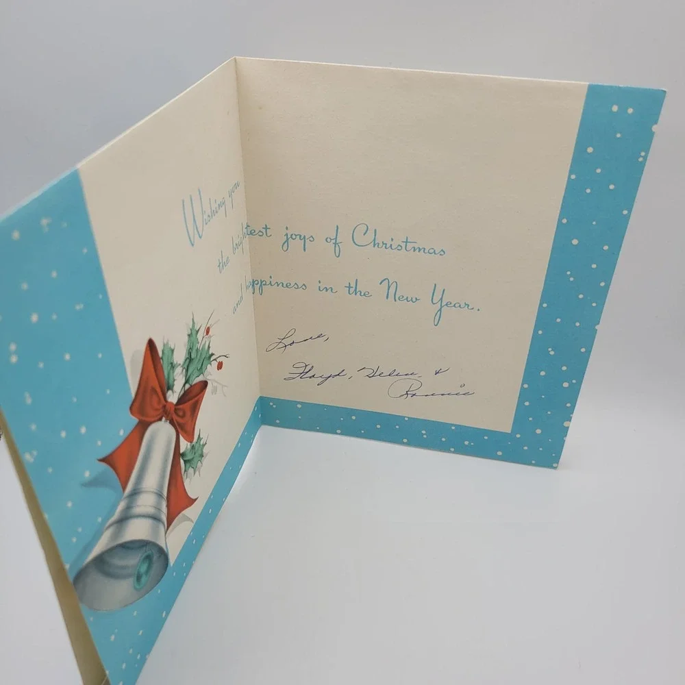 Vintage Holiday Greetings Christmas Card Bells Bow Holly Signed 1950s